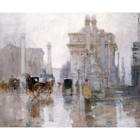 After The Rain, The Dewey Arch, Madison Square Park, New York Black Modern Wood Framed Art Print with Double Matting by Cornoyer, Paul