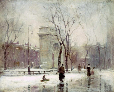 Winter In Washington Square White Modern Wood Framed Art Print with Double Matting by Cornoyer, Paul