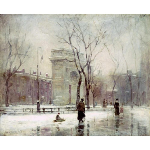 Winter In Washington Square Black Modern Wood Framed Art Print by Cornoyer, Paul