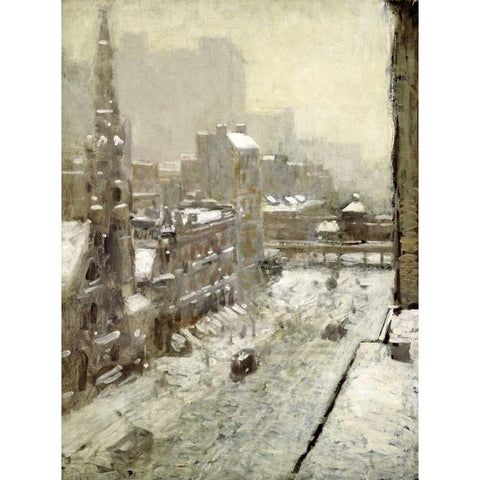 Winter In The City Black Modern Wood Framed Art Print with Double Matting by Cornoyer, Paul
