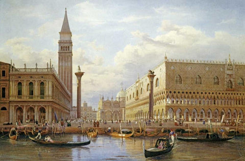 A View of The Piazzetta With The Doges Palace From The Bacino, Venice Black Ornate Wood Framed Art Print with Double Matting by Corrodi, Salomon