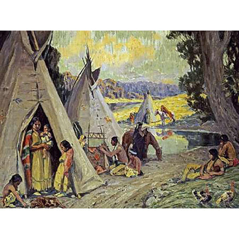 Indian Camp Black Modern Wood Framed Art Print with Double Matting by Couse, Eanger Irving