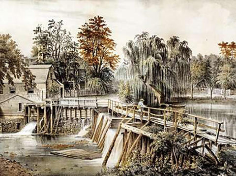 The Mill-Dam at Sleepy Hollow White Modern Wood Framed Art Print with Double Matting by Ives, Currier and