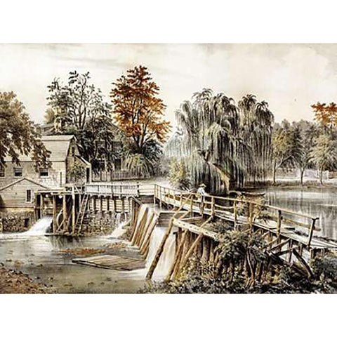 The Mill-Dam at Sleepy Hollow Black Modern Wood Framed Art Print by Ives, Currier and