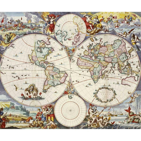 Map of The World Gold Ornate Wood Framed Art Print with Double Matting by Danckerts, Cornelis