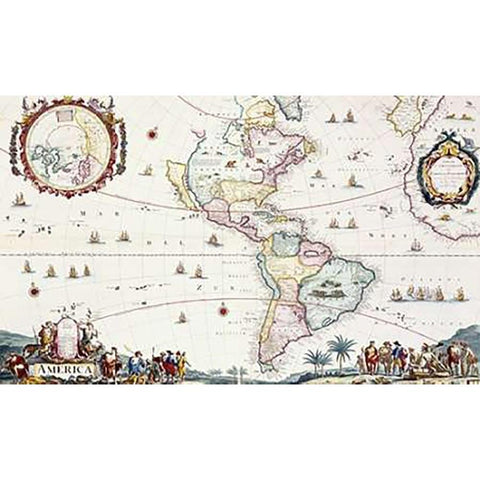 Map of The Americas, 1696 Gold Ornate Wood Framed Art Print with Double Matting by Danckerts, Cornelis