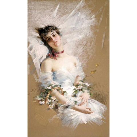 Reclining Beauty With Baskets of Flowers Gold Ornate Wood Framed Art Print with Double Matting by De Hem, Louise