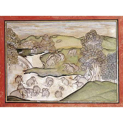 Elephants Bathing Black Modern Wood Framed Art Print with Double Matting by Devgarh