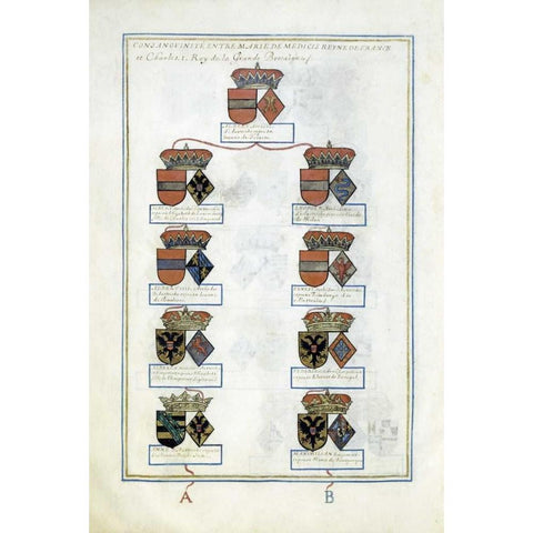 Tables of Consanguinity Between Queen Marie De Medicis of France and Henri IV Black Modern Wood Framed Art Print with Double Matting by Dhozier, Pierre