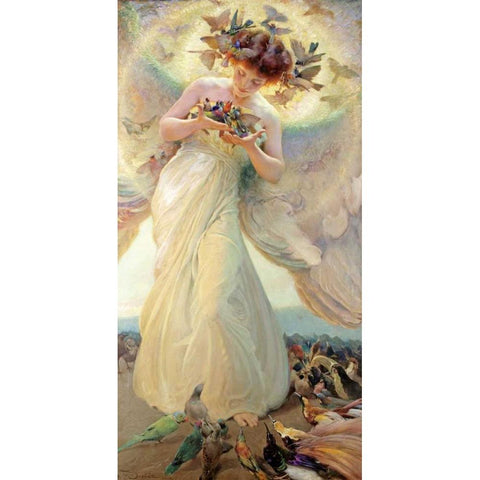 The Angel of The Birds Gold Ornate Wood Framed Art Print with Double Matting by Dvorak, Franz