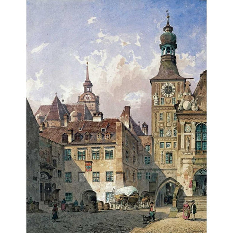 The Old Town Hall, Munich Gold Ornate Wood Framed Art Print with Double Matting by Eibner, Friedrich