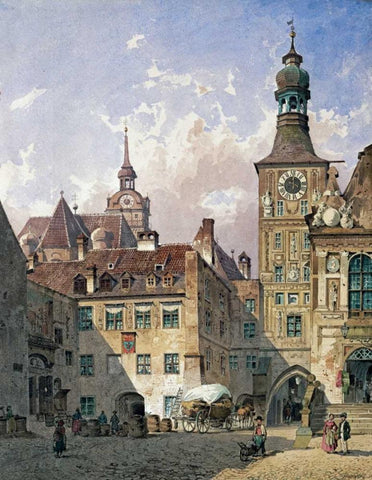 The Old Town Hall, Munich White Modern Wood Framed Art Print with Double Matting by Eibner, Friedrich