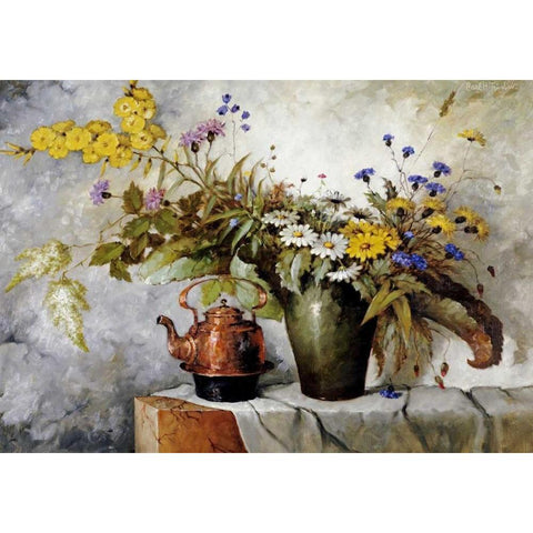 Cornflowers, Daisies and Other Flowers In a Vase Black Modern Wood Framed Art Print by Fischer, Carl H.