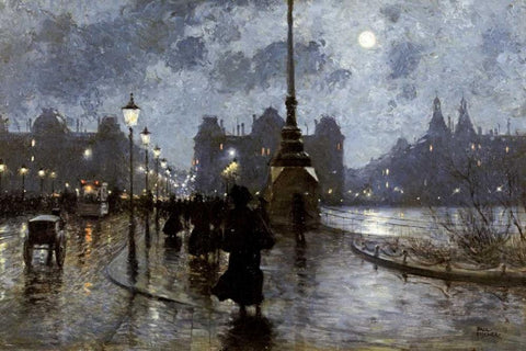 Copenhagen By Night Black Ornate Wood Framed Art Print with Double Matting by Fischer, Paul