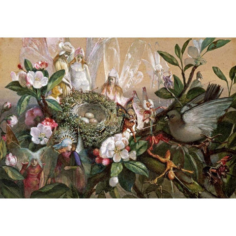 Fairies Round a Birds Nest - The Distressed Mother Black Modern Wood Framed Art Print with Double Matting by Fitzgerald, John Anster