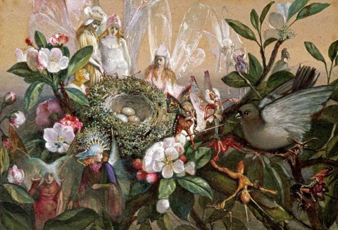 Fairies Round a Birds Nest - The Distressed Mother Black Ornate Wood Framed Art Print with Double Matting by Fitzgerald, John Anster