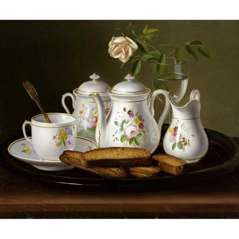 Still Life of Porcelain and Biscuits Gold Ornate Wood Framed Art Print with Double Matting by Forster, George