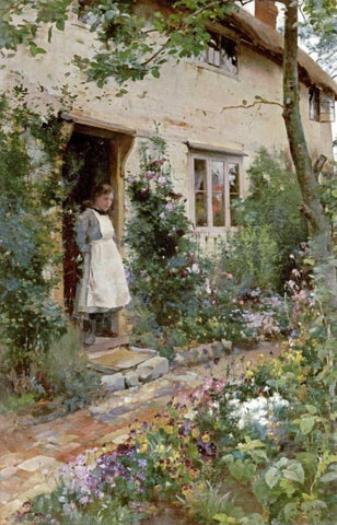 The Cottage Garden White Modern Wood Framed Art Print with Double Matting by Glendening, Alfred Augustus