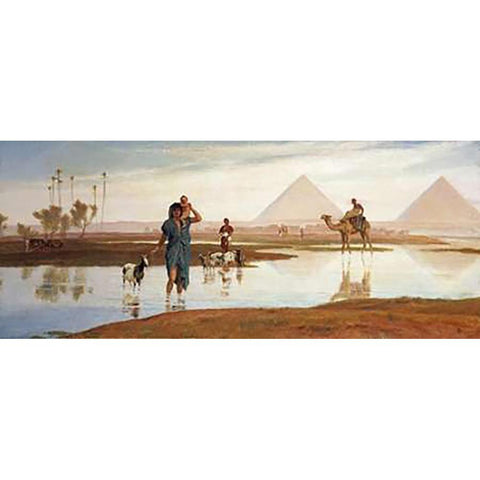 Overflow of The Nile, With The Pyramids White Modern Wood Framed Art Print by Goodall, Frederick