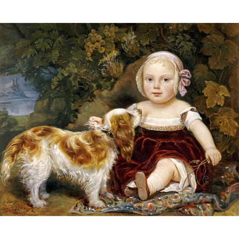 A Young Child With a Spaniel Black Modern Wood Framed Art Print with Double Matting by Guillot-Saguez, Amila