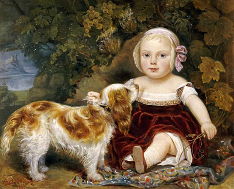 A Young Child With a Spaniel White Modern Wood Framed Art Print with Double Matting by Guillot-Saguez, Amila