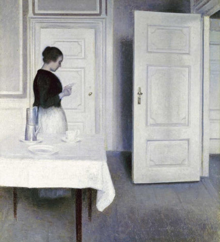 Interior With a Woman Reading a Letter Black Ornate Wood Framed Art Print with Double Matting by Hammershoi, Vilhelm