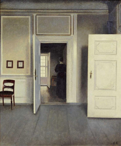 A Woman In An Interior White Modern Wood Framed Art Print with Double Matting by Hammershoi, Vilhelm