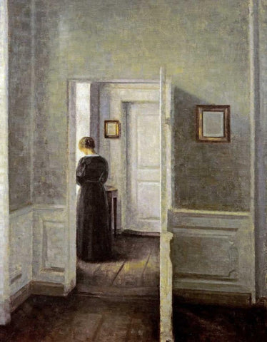 An Interior With a Woman Black Ornate Wood Framed Art Print with Double Matting by Hammershoi, Vilhelm