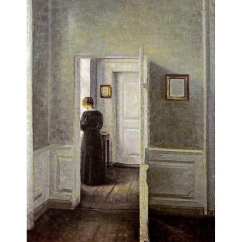 An Interior With a Woman White Modern Wood Framed Art Print by Hammershoi, Vilhelm