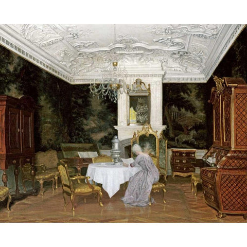 A Lady In An Interior, Fredensborg White Modern Wood Framed Art Print by Hansen, Adolf Heinrich Claus