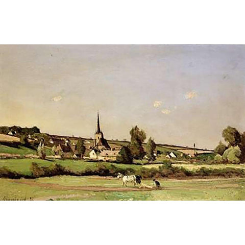 An Extensive Landscape With a Ploughman White Modern Wood Framed Art Print by Harpignies, Henri Joseph