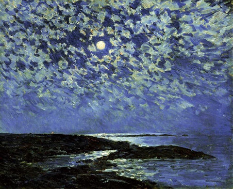 Moonlight, Isle of Shoals Black Ornate Wood Framed Art Print with Double Matting by Hassam, Childe