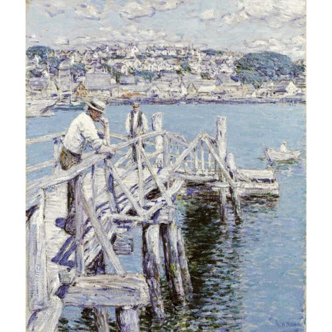 Dock Scene, Gloucester White Modern Wood Framed Art Print by Hassam, Childe