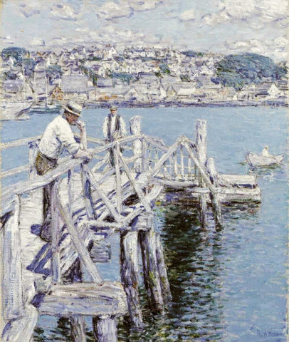 Dock Scene, Gloucester White Modern Wood Framed Art Print with Double Matting by Hassam, Childe