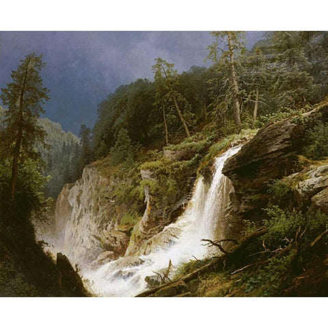 Western Waterfall Black Modern Wood Framed Art Print with Double Matting by Herzog, Herman