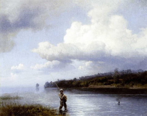 Fly Fishing White Modern Wood Framed Art Print with Double Matting by Herzog, Herman