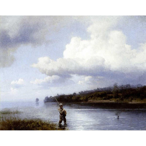 Fly Fishing Black Modern Wood Framed Art Print by Herzog, Herman