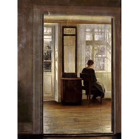 A Lady In An Interior White Modern Wood Framed Art Print by Holsoe, Carl