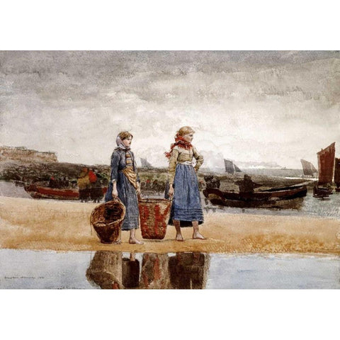 Two Girls on The Beach, Tynemouth Gold Ornate Wood Framed Art Print with Double Matting by Homer, Winslow