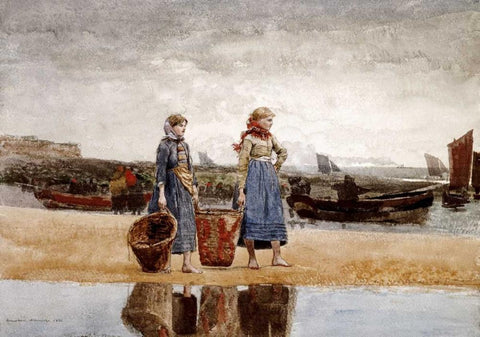 Two Girls on The Beach, Tynemouth Black Ornate Wood Framed Art Print with Double Matting by Homer, Winslow