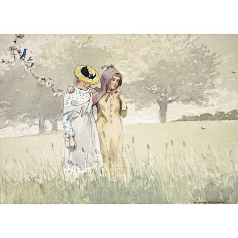 Girls Strolling In An Orchard White Modern Wood Framed Art Print by Homer, Winslow