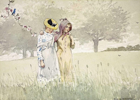 Girls Strolling In An Orchard White Modern Wood Framed Art Print with Double Matting by Homer, Winslow