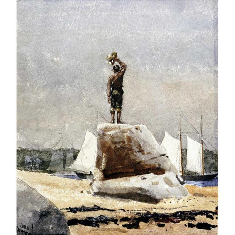 Boy Hailing Schooners White Modern Wood Framed Art Print by Homer, Winslow