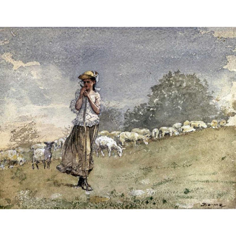 Tending Sheep, Houghton Farm Gold Ornate Wood Framed Art Print with Double Matting by Homer, Winslow