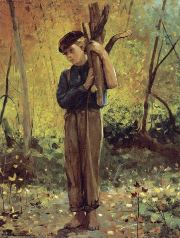 Boy Holding Logs Black Ornate Wood Framed Art Print with Double Matting by Homer, Winslow