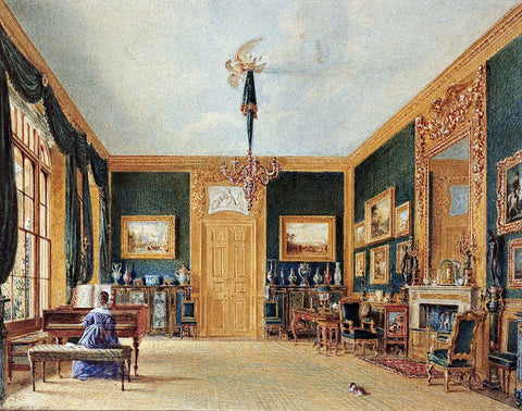 The Green Drawing Room White Modern Wood Framed Art Print with Double Matting by Hunt, William Henry