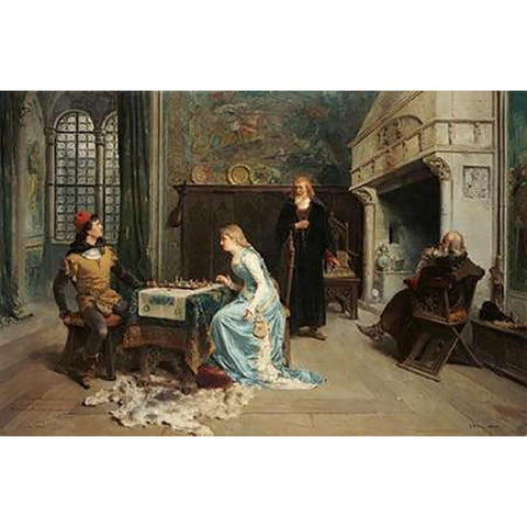 Fernando and Iolanda Playing Chess Black Modern Wood Framed Art Print with Double Matting by Induno, Girolamo