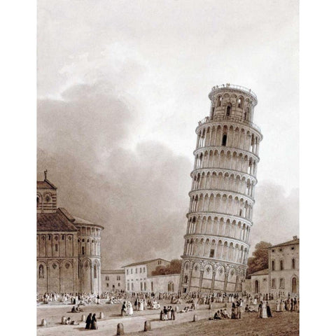 The Leaning Tower Black Modern Wood Framed Art Print by Isabey, Jean Baptiste
