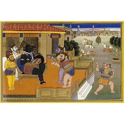 Illustration To The Mahabharata Black Modern Wood Framed Art Print with Double Matting by Jaipur