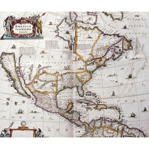 Map of North America, 1641 Gold Ornate Wood Framed Art Print with Double Matting by Janssonius, Joannes